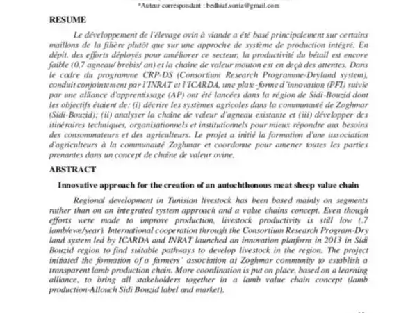 Démarche innovante pour la création d’une chaîne de valeur "Agneau Barbarin de Sidi-Bouzid"