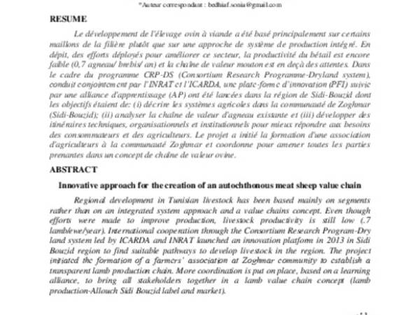 Démarche innovante pour la création d’une chaîne de valeur "Agneau Barbarin de Sidi-Bouzid"