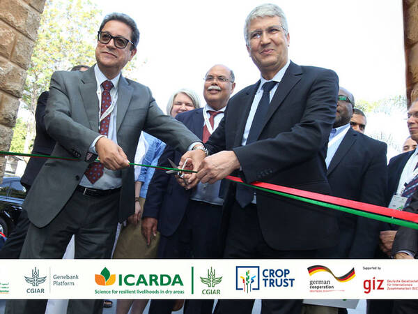 Genebank Ribbon-Cutting Ceremony - Center from left to right: Aly Abousabaa, CGIAR's Regional Director of CWANA and ICARDA Director General and His Excellency Dr. Mohamed Sadiki, Morocco’s Minister of Agriculture.