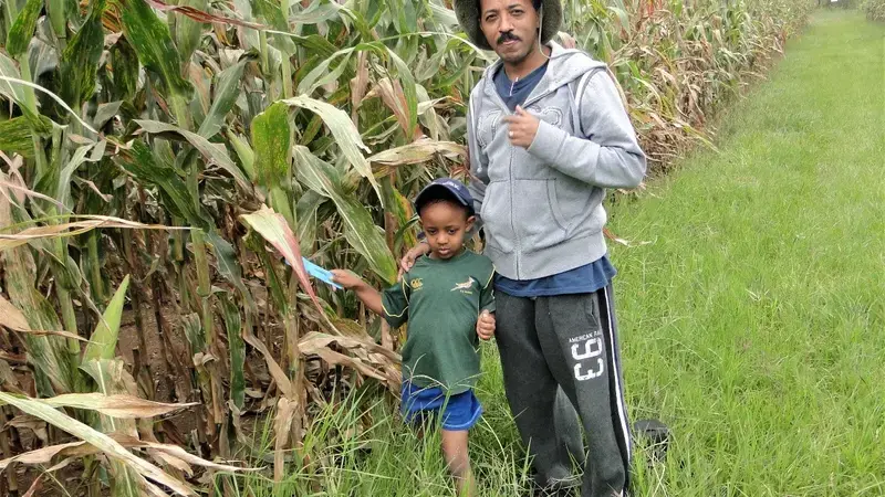 Dr. Girma T. Kassie with his son in the field