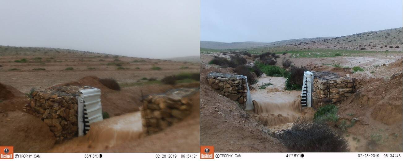 Camera capture comparing water flow intensity after a storm between the treated site (left) and the untreated site (right).