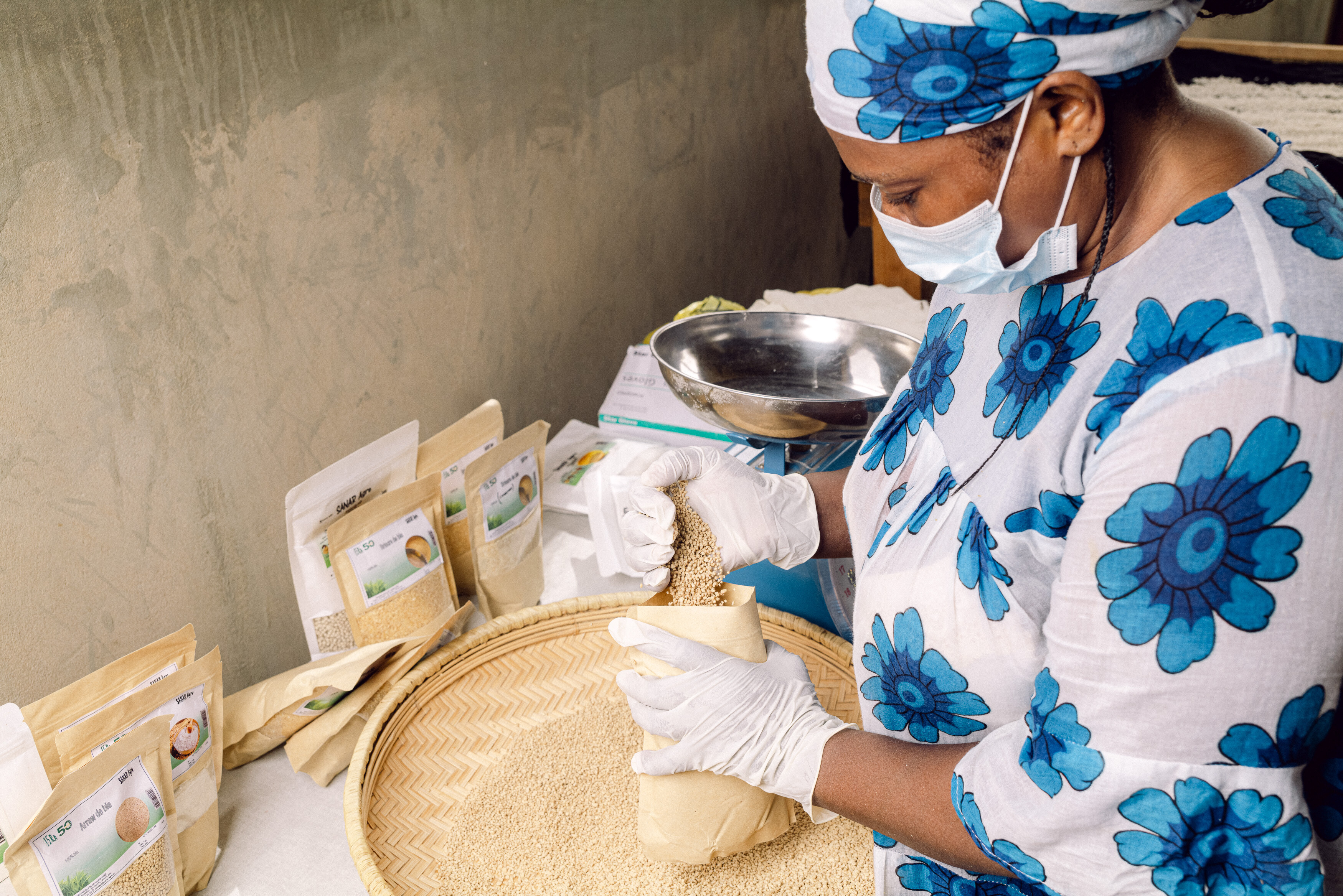Woman farmer bagging cereal seeds as part of community seed production efforts. Photo: Ollivier Girard/ICARDA
