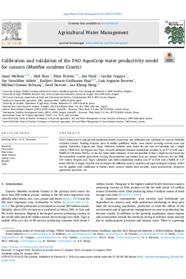 Calibration and validation of the FAO AquaCrop water productivity model for cassava (Manihot esculenta Crantz)