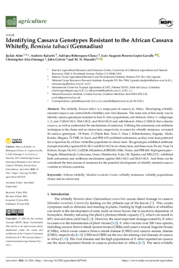 Identifying Cassava Genotypes Resistant to the African Cassava Whitefly, Bemisia tabaci (Gennadius)