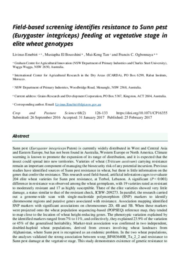 Field-based screening identifies resistance to Sunn pest (Eurygaster integriceps) feeding at vegetative stage in elite wheat genotypes