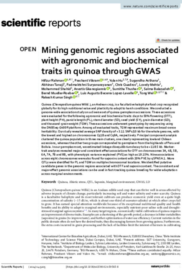 Mining genomic regions associated with agronomic and biochemical traits in quinoa through GWAS