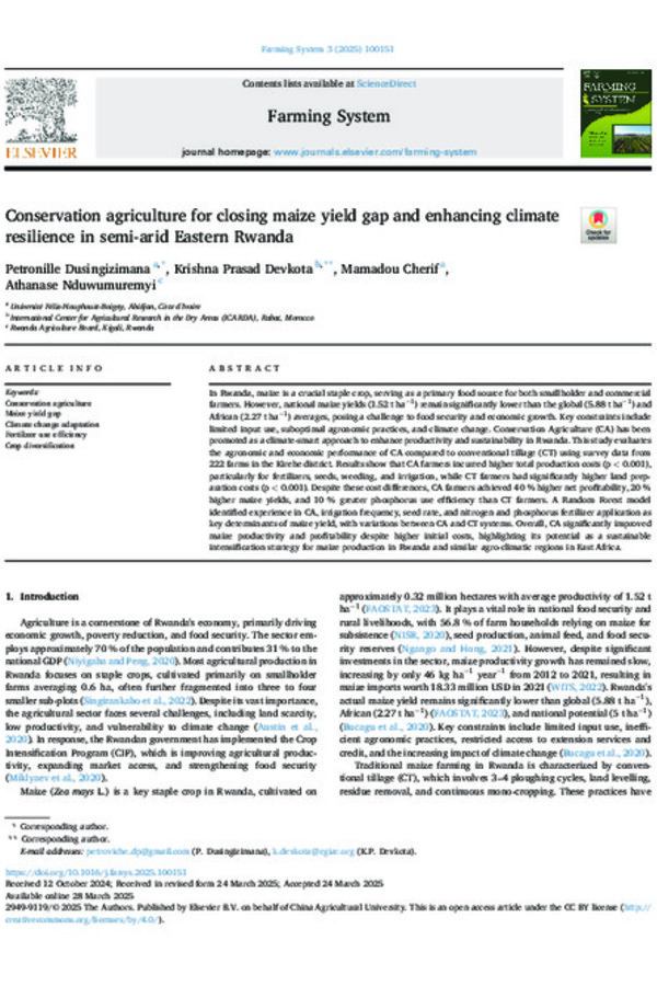 Conservation agriculture for closing maize yield gap and enhancing climate resilience in semi-arid Eastern Rwanda