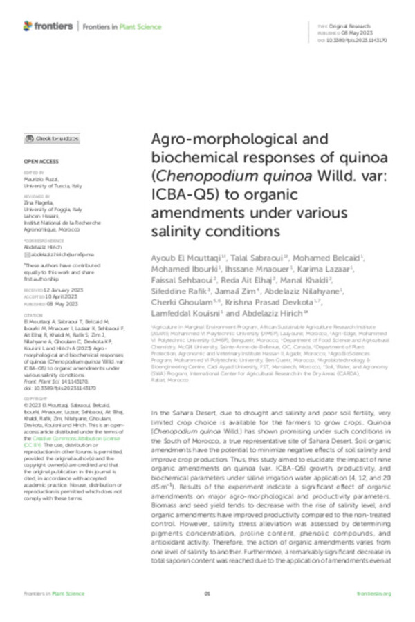 Agro-morphological and biochemical responses of quinoa (Chenopodium quinoa Willd. var: ICBA-Q5) to organic amendments under various salinity conditions