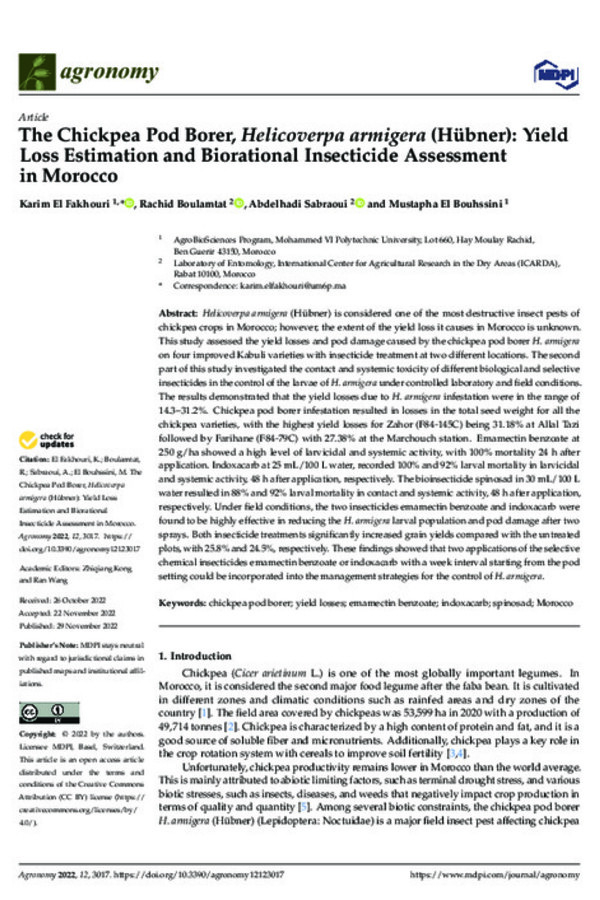 The Chickpea Pod Borer, Helicoverpa armigera (Hübner): Yield Loss Estimation and Biorational Insecticide Assessment in Morocco