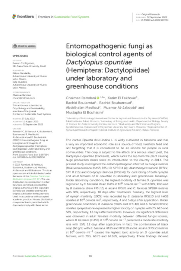 Entomopathogenic fungi as biological control agents of Dactylopius opuntiae (Hemiptera: Dactylopiidae) under laboratory and greenhouse conditions