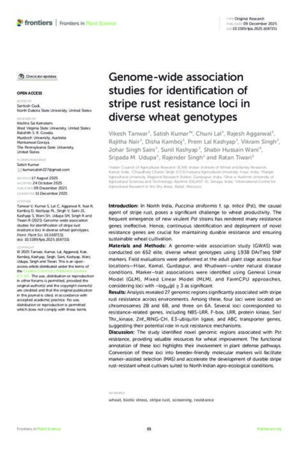 Genome-wide association studies for identification of stripe rust resistance loci in diverse wheat genotypes