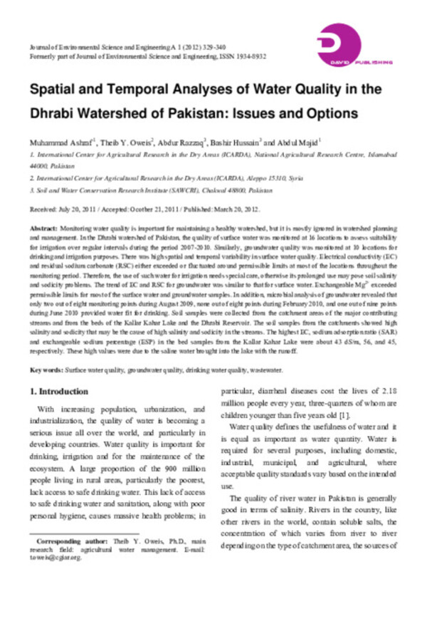 Spatial and Temporal Analyses of Water Quality in the Dhrabi Watershed of Pakistan: Issues and Options