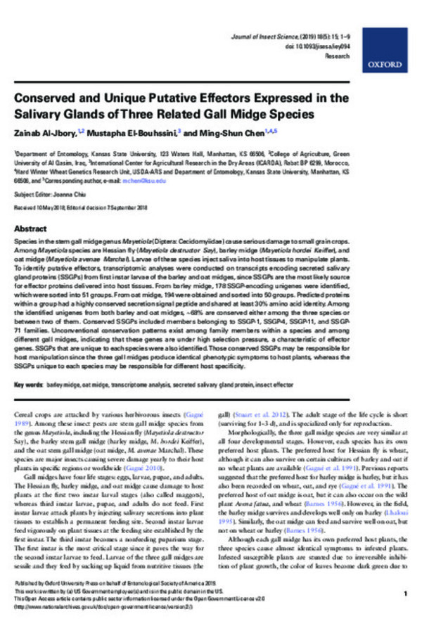 Conserved and Unique Putative Effectors Expressed in the Salivary Glands of Three Related Gall Midge Species