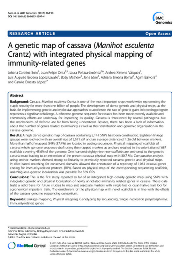 A genetic map of cassava (Manihot esculenta Crantz) with integrated physical mapping of immunity-related genes