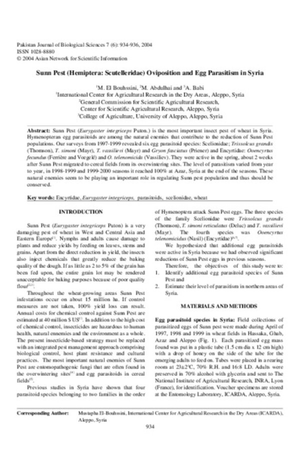 Sunn Pest (Hemiptera: Scutelleridae) Oviposition and Egg Parasitism in Syria