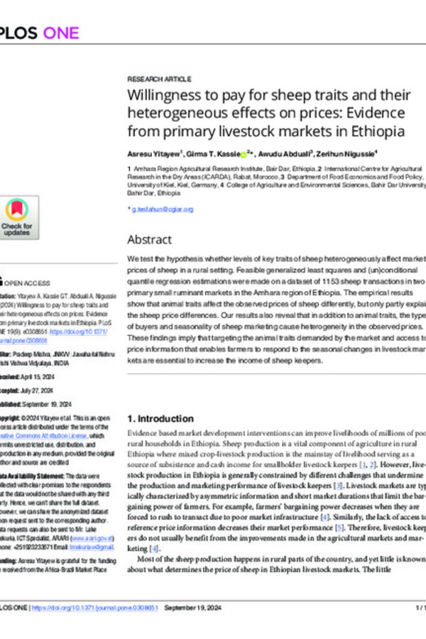 Willingness to pay for sheep traits and their heterogeneous effects on prices: Evidence from primary livestock markets in Ethiopia