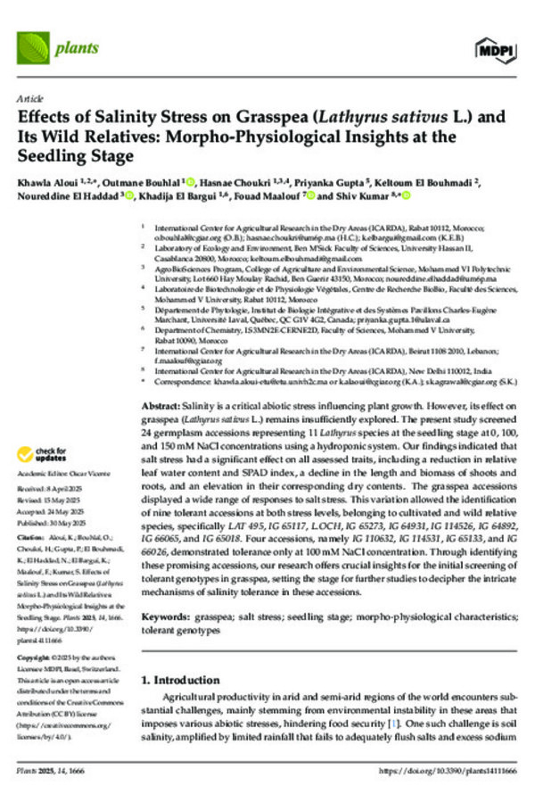 Effects of Salinity Stress on Grasspea (Lathyrus sativus L.) and Its Wild Relatives: Morpho-Physiological Insights at the Seedling Stage