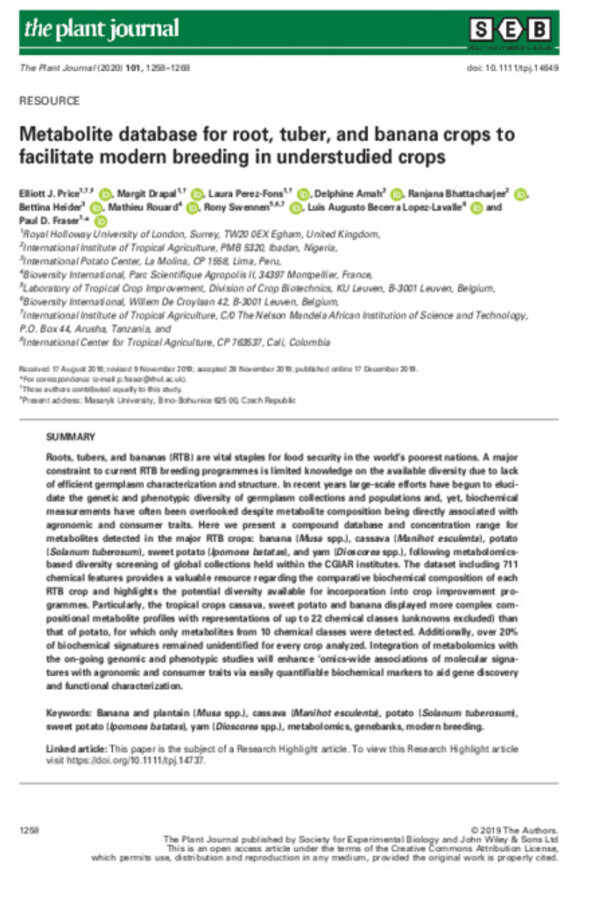 Metabolite database for root, tuber, and banana crops to facilitate modern breeding in understudied crops
