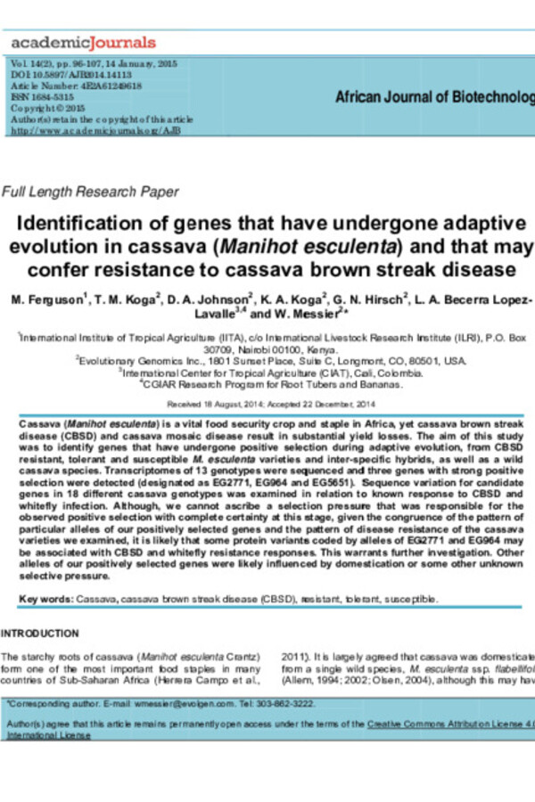 Identification of genes that have undergone adaptive evolution in cassava (Manihot esculenta) and that may confer resistance to cassava brown streak disease