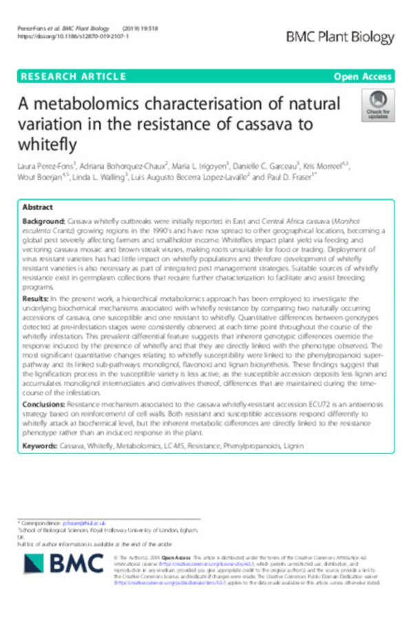 A metabolomics characterisation of natural variation in the resistance of cassava to whitefly