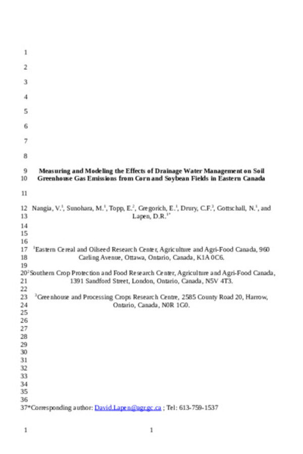Measuring and modeling the effects of drainage water management on soil greenhouse gas fluxes from corn and soybean fields