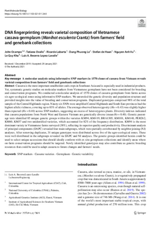 DNA fingerprinting reveals varietal composition of Vietnamese cassava germplasm (Manihot esculenta Crantz) from farmers’ field and genebank collections