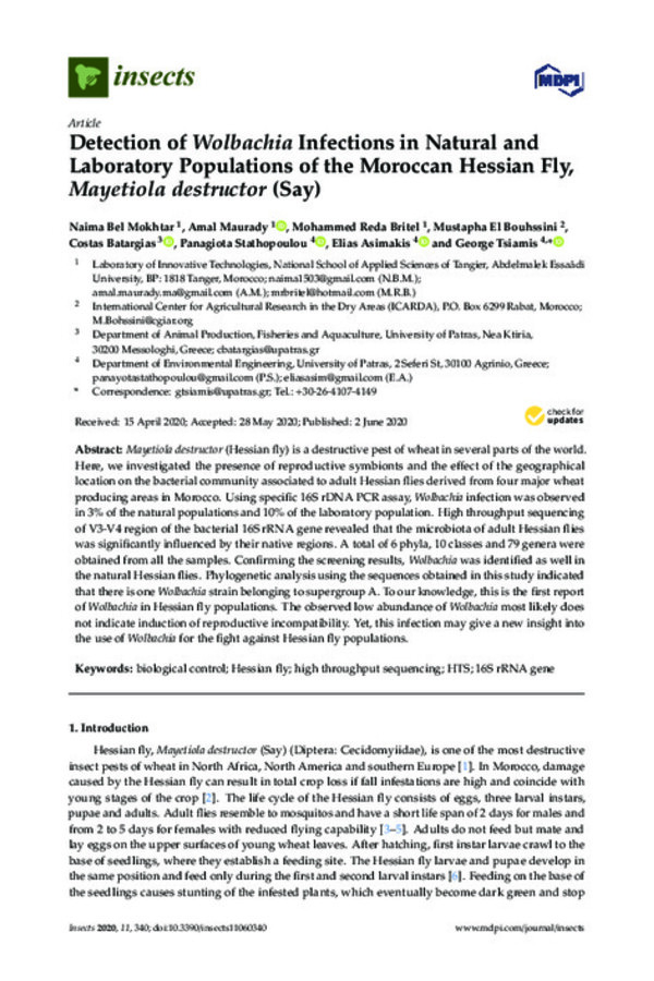 Detection of Wolbachia Infections in Natural and Laboratory Populations of the Moroccan Hessian Fly, Mayetiola destructor (Say)