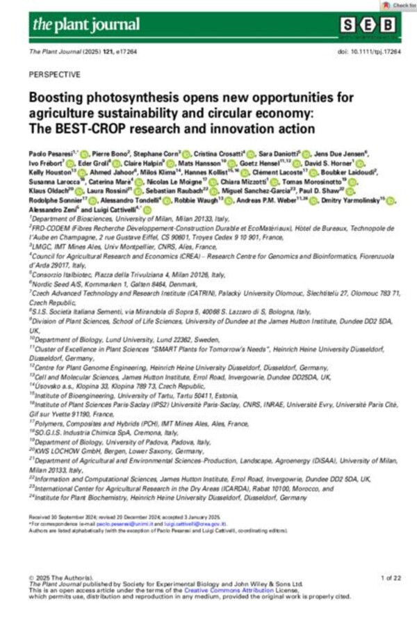 Boosting photosynthesis opens new opportunities for agriculture sustainability and circular economy: The BEST-CROP research and innovation action