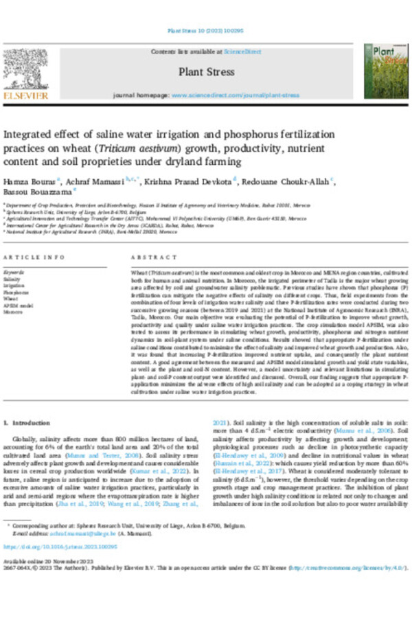 Integrated effect of saline water irrigation and phosphorus fertilization practices on wheat (Triticum aestivum) growth, productivity, nutrient content and soil proprieties under dryland farming 
