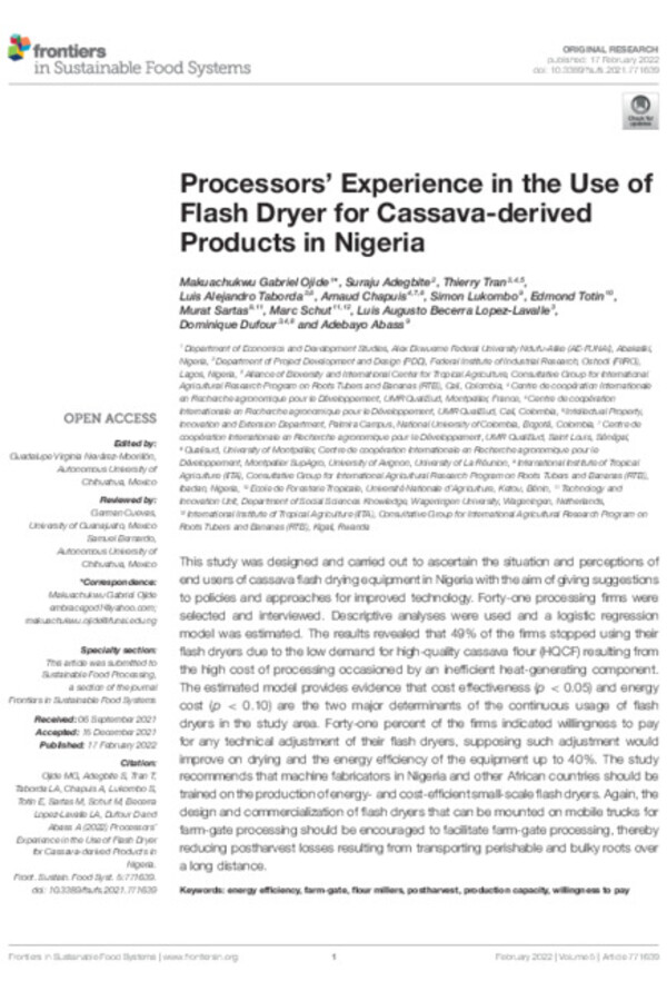 Processors' Experience in the Use of Flash Dryer for Cassava-derived Products in Nigeria