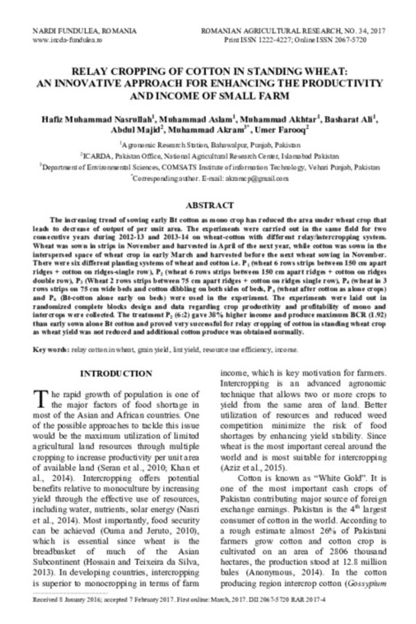 Relay Cropping of Cotton in Standing Wheat: An Innovative Approach for Enhancing the productivity and income of Small Farm 