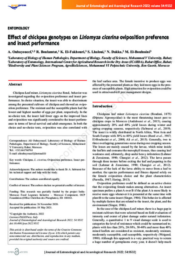 Effect of chickpea genotypes on Liriomyza cicerina oviposition preference and insect performance
