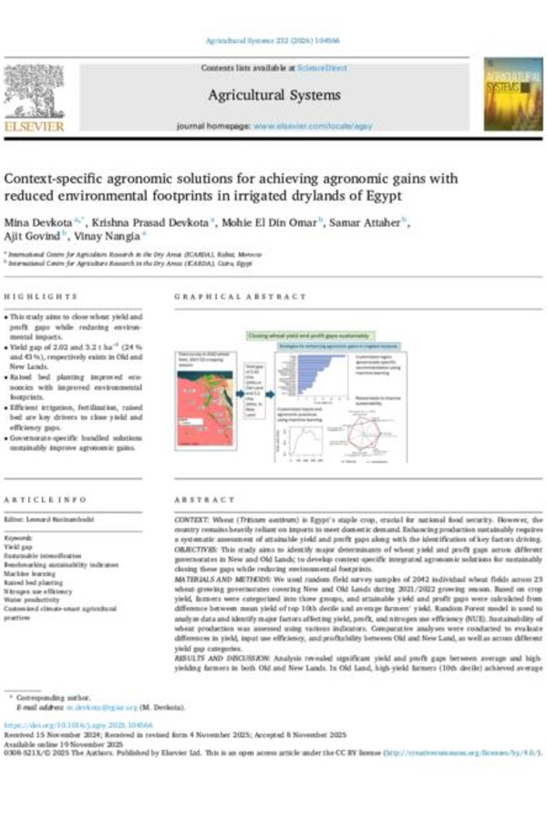 Context-specific agronomic solutions for achieving agronomic gains with reduced environmental footprints in irrigated drylands of Egypt