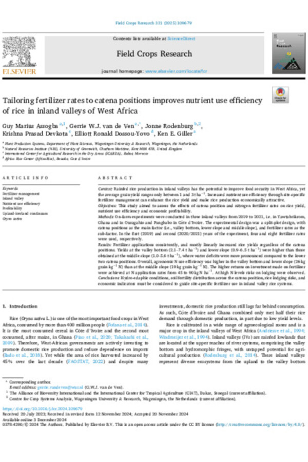 Tailoring fertilizer rates to catena positions improves nutrient use efficiency of rice in inland valleys of West Africa
