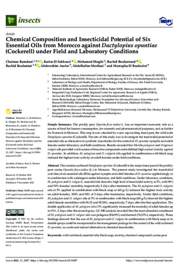 Chemical Composition and Insecticidal Potential of Six Essential Oils from Morocco against Dactylopius opuntiae (Cockerell) under Field and Laboratory Conditions