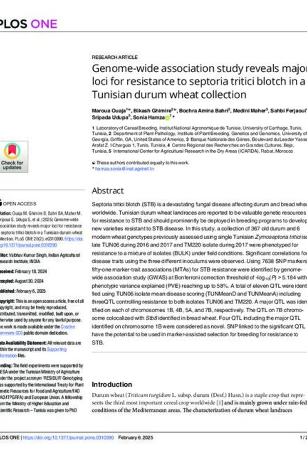 Genome-wide association study reveals major loci for resistance to septoria tritici blotch in a Tunisian durum wheat collection