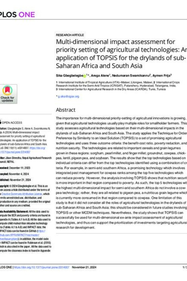 Multi-dimensional impact assessment for priority setting of agricultural technologies: An application of TOPSIS for the drylands of sub-Saharan Africa and South Asia