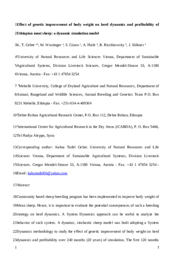 Effect of genetic improvement of body weight on herddynamics and profitability of Ethiopian meat sheep: Adynamic simulation model