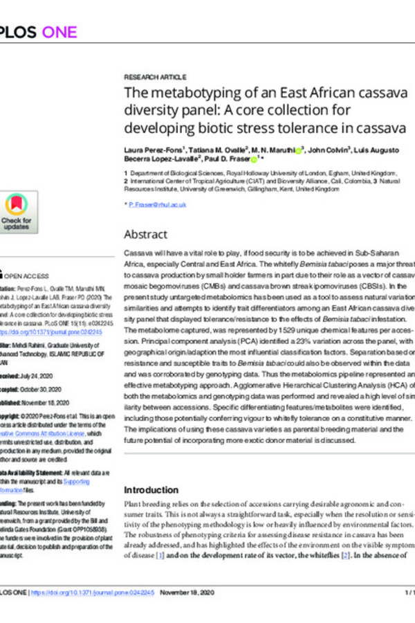 The metabotyping of an East African cassava diversity panel: A core collection for developing biotic stress tolerance in cassava