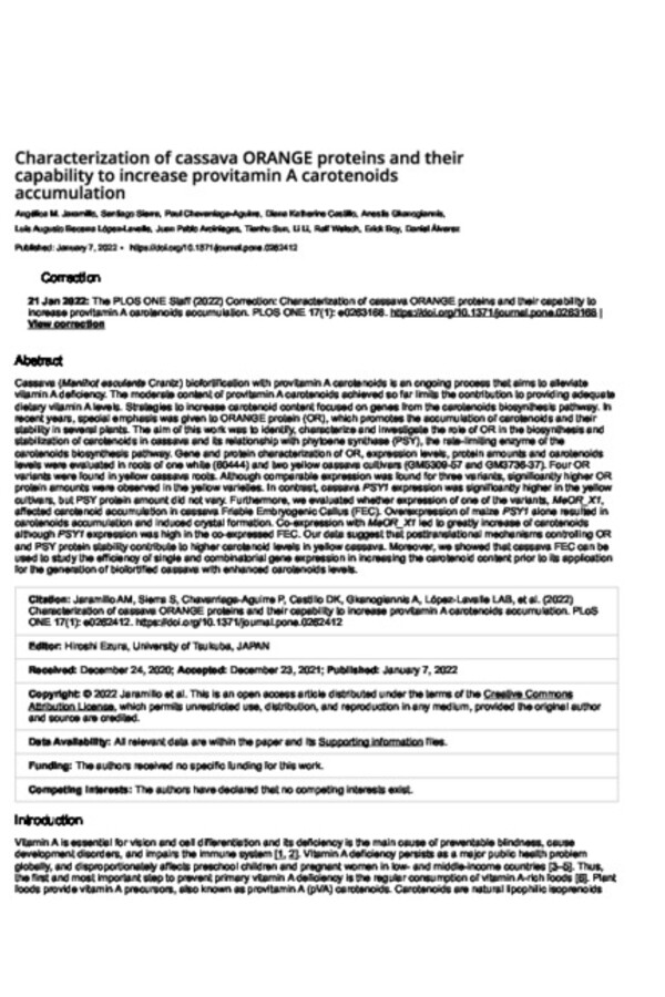 Characterization of cassava ORANGE proteins and their capability to increase provitamin A carotenoids accumulation