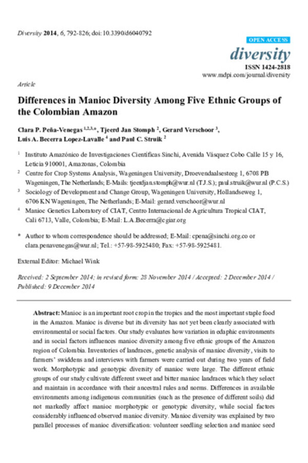 Differences in Manioc Diversity Among Five Ethnic Groups of the Colombian Amazon