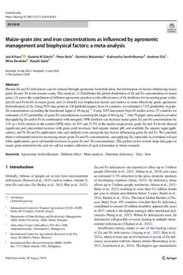  Maize-grain zinc and iron concentrations as influenced by agronomic  management and biophysical factors: a meta-analysis