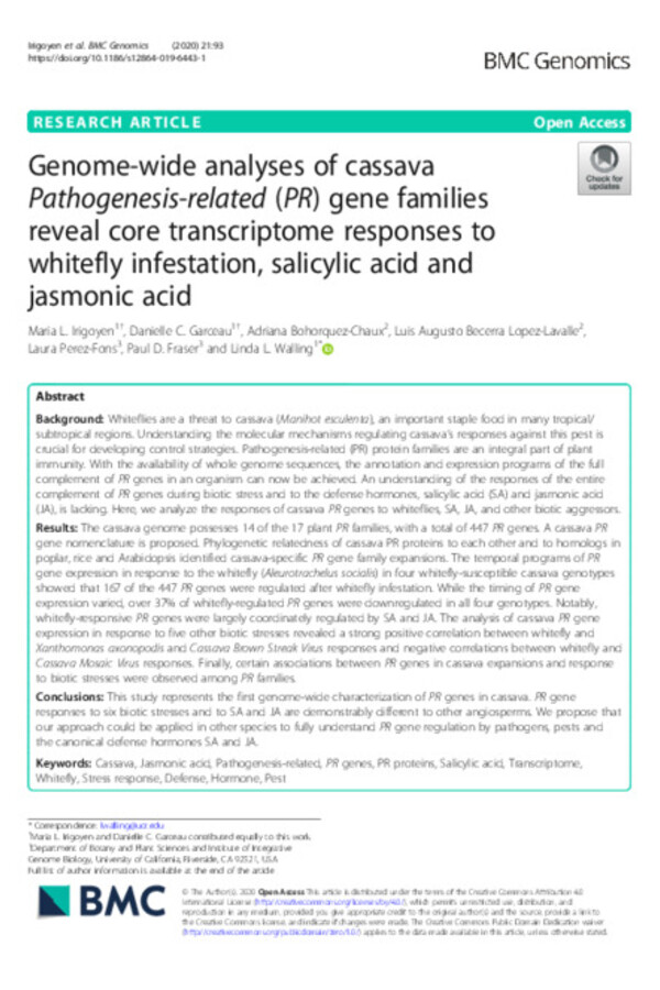 Genome-wide analyses of cassava Pathogenesis-related (PR) gene families reveal core transcriptome responses to whitefly infestation, salicylic acid and jasmonic acid