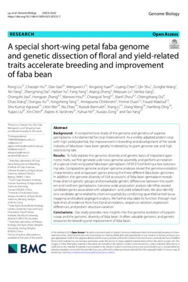A special short-wing petal faba genome and genetic dissection of floral and yield-related traits accelerate breeding and improvement of faba bean