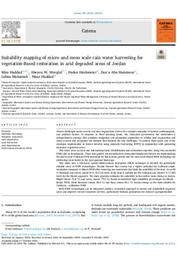 Suitability mapping of micro and meso scale rain water harvesting for vegetation-Based restoration in arid degraded areas of Jordan