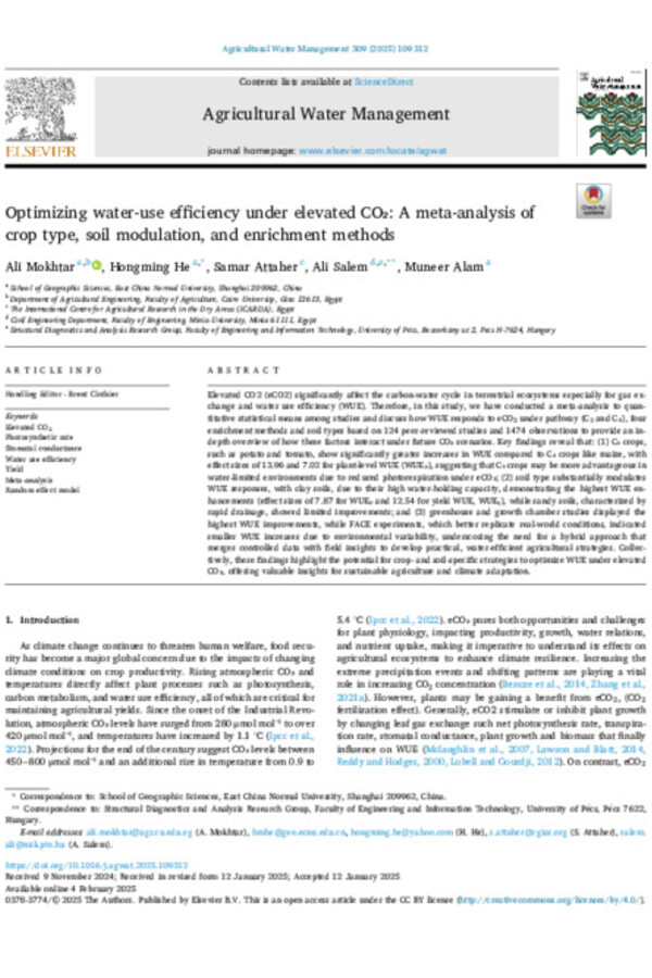 Optimizing water-use efficiency under elevated CO₂: A meta-analysis of crop type, soil modulation, and enrichment methods
