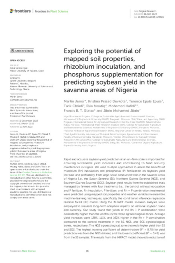 Exploring the potential of mapped soil properties, rhizobium inoculation, and phosphorus supplementation for predicting soybean yield in the savanna areas of Nigeria
