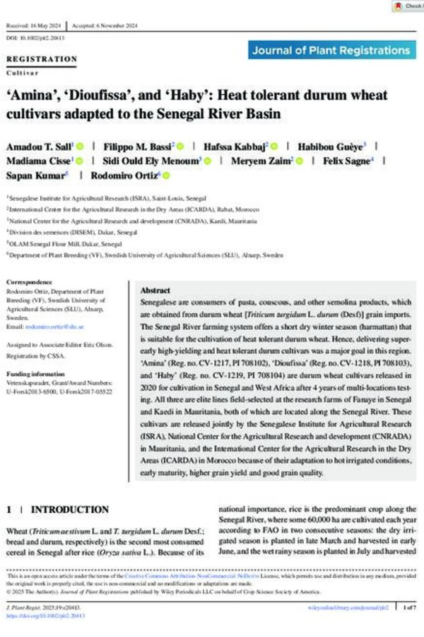 ‘Amina’, ‘Dioufissa’, and ‘Haby’: Heat tolerant durum wheatcultivars adapted to the Senegal River Basin