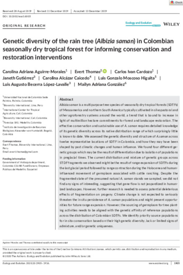 Genetic diversity of the rain tree (Albizia saman) in Colombian seasonally dry tropical forest for informing conservation and restoration interventions