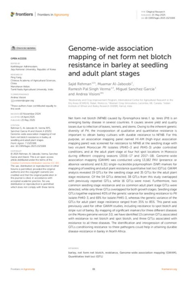 Genome-wide association mapping of net form net blotch resistance in barley at seedling and adult plant stages